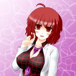  ahoge between_breasts blush breasts cleavage covered_nipples hair_tousle horikawa_raiko labcoat large_breasts looking_at_viewer necktie necktie_between_breasts no_bra open_collar open_mouth plaid plaid_shirt purple_neckwear red_eyes red_hair shirt smile solo touhou upper_body yani_tama 