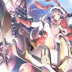  animal_ears animal_hood boots building bunny_hood christmas fur_trim hood hooded_jacket jacket long_hair looking_at_viewer night night_sky open_mouth outdoors purple_eyes purple_hair santa_costume sitting sky smile solo thighhighs twintails vocaloid voiceroid white_legwear yoshino_ryou yuzuki_yukari 