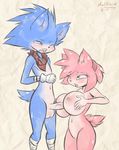  amy_rose anthro balls bandage big_balls big_breasts big_penis blush breasts dullvivid female foreplay hedgehog huge_breasts kneeling male male/female mammal nude penis plaid scarf sega sonic_(series) sonic_the_hedgehog standing titfuck 