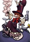  avery_(skullgirls) bow capelet cigar diestro extra_eyes eye_socket george_the_bomb gloves gun handgun hat mechanical_arms orange_hair peacock_(skullgirls) pistol red_eyes revolver sharp_teeth short_hair skullgirls smoke smoking solo teeth top_hat weapon white_gloves 