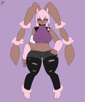  2015 anthro bandage breasts brown_eyes brown_fur ensayne eyelashes female frown fur hair lagomorph legwear looking_at_viewer lopunny mammal mega_evolution mega_lopunny nintendo pink_hair plain_background pok&eacute;mon rabbit scar shiny_pok&eacute;mon solo stockings video_games 