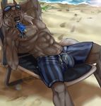  2014 beach bulge canine clothed clothing explicital eyewear facial_piercing half-dressed heterochromia looking_at_viewer male mammal muscles navel nipples nose_piercing nose_ring piercing popsicle reclining seaside suggestive sunglasses topless wolf 