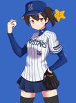  a9b_(louis814) baseball_cap baseball_uniform brown_eyes brown_hair hat highres hosshey kaga_(kantai_collection) kantai_collection nippon_professional_baseball side_ponytail skirt solo sportswear star thighhighs yokohama_dena_baystars 