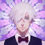 bangs blue_eyes bow bowtie chromatic_aberration commentary_request death_parade decim_(death_parade) dress_shirt face hair_between_eyes hair_over_one_eye ilya_kuvshinov looking_at_viewer male_focus one_eye_covered shadow shirt solo upper_body vest white_hair white_shirt 