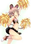  adapted_costume animal_ears arm_up bare_arms bare_legs bare_shoulders cheerleader crop_top grey_hair highres ishikkoro midriff miniskirt mouse_ears navel nazrin one_eye_closed open_mouth panties pantyshot pantyshot_(standing) pom_poms red_eyes skirt smile solo standing standing_on_one_leg touhou underwear upskirt white_panties 