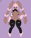  2015 anthro areola bandage breasts brown_eyes brown_fur ensayne eyelashes female frown fur hair lagomorph legwear looking_at_viewer lopunny mammal mega_evolution mega_lopunny nintendo nipples pink_hair plain_background pok&eacute;mon pussy rabbit scar shiny_pok&eacute;mon solo stockings video_games 