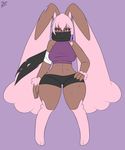  2015 anthro bandage breasts brown_eyes brown_fur clothing ensayne eyelashes female frown fur hair lagomorph looking_at_viewer lopunny mammal nintendo pink_hair plain_background pok&eacute;mon rabbit scar scarf shiny_pok&eacute;mon solo underwear video_games 