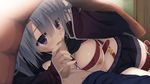  1girl adjusting_hair areolae ayachi_nene bed blush breasts censored fellatio game_cg highres kobuichi large_breasts legs long_hair looking_away lying muririn nipples on_side oral penis purple_eyes sanoba_witch skirt thighs under_covers white_hair 