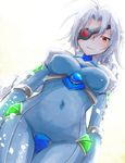  ahoge backlighting bangs blazblue blush bodysuit braid breasts covered_navel cowboy_shot crotch_plate dutch_angle eyepatch from_below haiiro_(gray9306) long_hair looking_at_viewer looking_down medium_breasts neon_trim nu-13 parted_lips red_eyes silver_hair single_braid smile solo turtleneck very_long_hair 