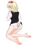  ass barefoot blonde_hair finger_licking from_behind hair_ribbon highres kneeling kuro_suto_sukii licking long_sleeves looking_at_viewer looking_back no_pants open_mouth panties plantar_flexion red_eyes ribbon rumia shirt solo tongue tongue_out touhou underwear vest white_panties 