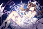  bare_shoulders brown_hair bubble butterfly_hair_ornament choker clock domotolain dress earrings glass_slipper gloves green_eyes hair_ornament idolmaster idolmaster_cinderella_girls jewelry leg_garter long_hair long_legs no_socks shibuya_rin solo sparkle star white_dress 