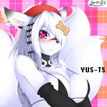  &lt;3 abstract_background anthro big_breasts bikini black_nose blush bra breasts bust canine clothing female fox fur hair hat kemono long_hair looking_at_viewer mammal solo swimsuit underwear white_fur white_hair yus-ts 