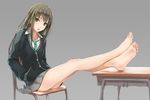  bare_legs barefoot brown_hair chair crossed_legs desk feet feet_on_table fukukitaru full_body green_eyes hands_in_pockets idolmaster idolmaster_cinderella_girls jacket legs long_hair long_legs necktie school_desk school_uniform shibuya_rin simple_background sitting skirt soles solo toes 