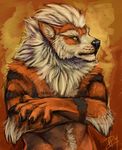  2014 abstract_background arcanine bust crossed_arms explicital male nintendo pok&eacute;mon solo standing video_games yellow_eyes 