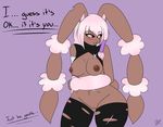  2015 anthro areola bandage breasts brown_eyes brown_fur english_text ensayne eyelashes fur legwear lopunny mega_evolution mega_lopunny navel nintendo nipples open_mouth pink_fur plain_background pok&eacute;mon pussy shiny_pok&eacute;mon stockings text tongue video_games 