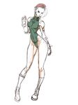  ahoge blue_eyes boots braid cammy_white contrapposto full_body green_leotard hayakawa_sonchou huge_ahoge knee_boots leotard long_hair muscle partially_colored scar sketch slender_waist solo standing street_fighter thong_leotard twin_braids 