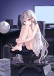  1girl barefoot book book_stack chair commentary_request computer desk dress dvd_case feet_on_chair fukahire_(ruinon) furrowed_eyebrows glaring handheld_game_console knees_up leg_hug legs long_hair looking_at_viewer monitor office_chair playstation_portable red_eyes shionome_koneko silver_hair sitting sleeveless solo very_long_hair 