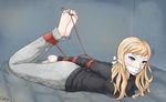  arms_behind_back bad_id bad_pixiv_id barefoot bdsm blonde_hair blue_eyes bondage bound bound_toes cloth_gag feet gag gagged gbeeee improvised_gag long_hair lying on_stomach over_the_mouth_gag red_rope rope shibari soles solo toes 