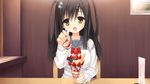  1girl black_hair blush breasts chair female food fruit game_cg highres kobuichi large_breasts long_hair looking_at_viewer muririn open_mouth restaurant sanoba_witch sitting solo strawberry sundae table togakushi_touko yellow_eyes 