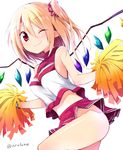 ;) alternate_costume blonde_hair blush breasts cheerleader chipa_(arutana) closed_mouth covered_nipples flandre_scarlet long_hair looking_at_viewer midriff no_panties one_eye_closed pointy_ears pom_poms red_eyes side_ponytail simple_background sleeveless small_breasts smile solo touhou white_background wings 