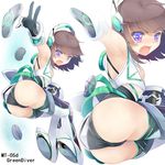  1girl angry ass bare_shoulders blue_eyes blush brown_hair female from_below gloves headgear looking_at_viewer mecha_musume open_mouth panties shiny shiny_skin short_hair solo sts tears tongue underwear 