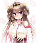  ahoge blush brown_hair crying crying_with_eyes_open detached_sleeves double_bun feathers fingernails hairband happy_tears inuzumi_masaki japanese_clothes jewelry kantai_collection kongou_(kantai_collection) long_hair looking_at_viewer nontraditional_miko open_mouth purple_eyes ring solo streaming_tears tears wedding_band wide_sleeves 