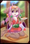  brown_fur canine clothing dog dumplings eating female fur hair japanese_clothing kemono long_hair mammal ponytail purple_eyes purple_hair ribbons unknown_artist 