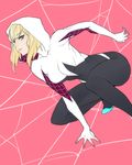  aqua_eyes ban bangs blonde_hair bodysuit breasts from_side gloves gradient gwen_stacy highres hood marvel medium_breasts no_mask parted_lips pink_background short_hair silk solo spider-gwen spider_web spider_web_print squatting superhero turtleneck 