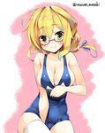  between_legs blonde_hair blush breasts cleavage collarbone cowboy_shot glasses hair_ribbon hand_between_legs i-8_(kantai_collection) inuzumi_masaki kantai_collection large_breasts looking_at_viewer name_tag one-piece_swimsuit pink_background ribbon school_swimsuit semi-rimless_eyewear sitting smile solo swimsuit swimsuit_tug thighhighs twitter_username under-rim_eyewear white_legwear yellow_eyes 