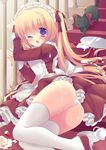  ;o ass blonde_hair blush cake cat cream cup dress fallen_down food fruit highres hoshimame_mana lying maid maid_headdress moe2015 on_side one_eye_closed open_mouth original panties plate purple_eyes saucer sexually_suggestive solo spilling stairs strawberry strawberry_shortcake teacup tears thighhighs tray twintails underwear white_legwear white_panties 