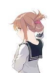  back bangs brown_eyes brown_hair duoyuanjun folded_ponytail from_behind hand_in_hair hand_on_own_shoulder highres inazuma_(kantai_collection) kantai_collection long_hair long_sleeves looking_back nape open_mouth school_uniform serafuku simple_background sleeves_past_wrists solo uniform upper_body white_background 