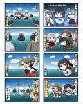  &gt;_&lt; 4koma 6+girls :d =_= ^_^ afloat ahoge arrow black_hair blue_sky bow_(weapon) braid brown_hair carrying chibi closed_eyes comic commentary day double_bun flight_deck fubuki_(kantai_collection) grey_eyes grey_hair hair_ribbon hairband hakama headband highres holding horizon i-class_destroyer japanese_clothes kantai_collection kill_me_baby kitakami_(kantai_collection) kongou_(kantai_collection) long_hair machinery multiple_4koma multiple_girls muneate ocean ooi_(kantai_collection) open_mouth parody piggyback pleated_skirt psychogun puchimasu! ribbon school_uniform serafuku shinkaisei-kan shoukaku_(kantai_collection) silver_hair single_braid skirt sky smile space_adventure_cobra sweat translated trembling twintails wavy_mouth weapon yuureidoushi_(yuurei6214) zuikaku_(kantai_collection) 