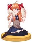  ;&gt; ahoge animal_ears bad_id bad_pixiv_id black_legwear bow bunny_ears bunny_tail faux_figurine gekkan_shoujo_nozaki-kun hair_bow kanapy kemonomimi_mode long_hair one_eye_closed orange_hair polka_dot polka_dot_bow purple_eyes rouman_academy_uniform sakura_chiyo school_uniform sitting solo tail thighhighs vest wariza 