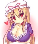  bad_id bad_pixiv_id blonde_hair blush breast_hold breasts cleavage collarbone dress frilled_dress frills gradient gradient_background hat hat_ribbon head_tilt heart large_breasts light_smile long_hair looking_at_viewer mob_cap pink_background puffy_short_sleeves puffy_sleeves purple_dress red_eyes ribbon short_sleeves solo touhou tsukimizu_(ordeal) upper_body yakumo_yukari 