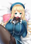  aqua_eyes atago_(kantai_collection) blonde_hair breasts cat_pillow frilled_pillow frills glasses gloves hat huge_breasts kantai_collection long_hair looking_at_viewer lying omamori pantyhose pillow shibi solo 