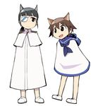  adapted_uniform alternate_costume animal_ears bad_id bad_pixiv_id black_eyes black_hair brown_eyes brown_hair dog_ears eyepatch miyafuji_yoshika multiple_girls open_mouth papa poncho sakamoto_mio strike_witches teruterubouzu world_witches_series 