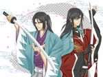  black_hair blue_eyes hakuouki_shinsengumi_kitan hijikata_toshizou_(hakuouki) historical_connection izumi-no-kami_kanesada japanese_clothes katana long_hair male_focus miw multiple_boys ponytail purple_eyes real_life_insert shinsengumi sword touken_ranbu weapon 