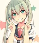  double_v face green_eyes green_hair grin hair_over_shoulder hatsune_miku head_tilt highres hiiragi_hajime long_hair looking_at_viewer revision school_uniform serafuku smile solo star twintails v vocaloid 