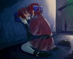  against_wall bad_id bad_pixiv_id banned_artist blush bow cape closed_eyes disembodied_head hair_bow hands_on_own_face kiss miniskirt multiple_girls night panties panties_around_one_leg red_hair red_skirt sekibanki selfcest shoes_removed short_hair skirt tears tongue touhou towako_(10wk0) underwear yuri 