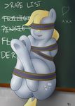  &lt;3 bdsm blonde_hair bondage bound chalkboard classroom cutie_mark derpy_hooves_(mlp) equine female feral friendship_is_magic fur grey_fur hair hooves horse imminent_rape long_hair mammal my_little_pony open_mouth pony ribbons runnerman360 smile solo writing 