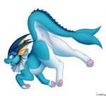  2015 animal_genitalia anus blue_eyes blue_skin candyfoxy collar eeveelution female feral fin genital_slit looking_back nintendo open_mouth plain_background pok&eacute;mon pussy raised_tail slit smile solo spiked_collar tongue vaporeon video_games white_background white_skin 