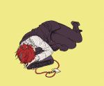  briefcase formal hypnosis_mic kannonzaka_doppo lanyard lying multicolored_hair red_hair sleeping suit 
