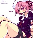  arms_behind_back ball_gag bdsm beret blue_rope blush bondage bound bound_wrists breasts completion_time gag gagged harusame_(kantai_collection) hat kantai_collection long_hair maullarmaullar medium_breasts pink_eyes pink_hair ribbon rope side_ponytail solo thigh_ribbon 