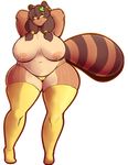  2015 alpha_channel amber_eyes anthro arms_behind_head big_breasts big_nipples black_nose breasts brown_fur brown_hair chubby clothed clothing ear_piercing eikasianspire female fur hair half-dressed huge_breasts lactating leaf legwear long_hair looking_at_viewer mammal navel nipples panties piercing smile solo standing stockings stripes tanuki thick_thighs topless underwear voluptuous white_fur wide_hips 