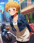  blonde_hair blush box dress earrings fukuda_noriko gift gift_box ground_vehicle heart heart_earrings idolmaster idolmaster_million_live! jewelry looking_at_viewer motor_vehicle necklace official_art scooter short_hair solo_focus sweater sweater_dress valentine 