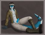  2015 abs anthro blue_fur blue_penis boots clothing delilittle erection eyewear fur goggles jacket male mammal mustelid otter pants penis pilot shaded sitting solo white_fur 