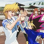  2girls 3boys animated animated_gif black_hair blonde_hair brown_hair jounouchi_katsuya kawai_shizuka lowres mazaki_anzu multiple_boys multiple_girls mutou_yuugi otogi_ryuuji yu-gi-oh! yuu-gi-ou_duel_monsters 