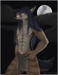  2015 abs animal_genitalia anthro black_fur black_hair brown_eyes brown_fur canine canine_penis clothed clothing delilittle erection fur hair half-dressed jackal knot long_hair looking_at_viewer male mammal moon night nipples penis pose precum solo standing star stripes topless tribal white_fur 