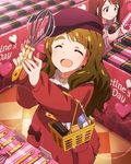  ^_^ beret brown_hair chocolate closed_eyes eyebrows hat idolmaster idolmaster_million_live! milk_carton miyao_miya multiple_girls official_art open_mouth shopping shopping_basket smile solo_focus tanaka_kotoha thick_eyebrows valentine whisk 