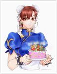  birthday_cake bracelet brown_eyes brown_hair bun_cover cake china_dress chinese_clothes chun-li double_bun dress earrings food gtolin_chang happy_birthday highres jewelry sash short_hair smile solo spiked_bracelet spikes street_fighter upper_body 